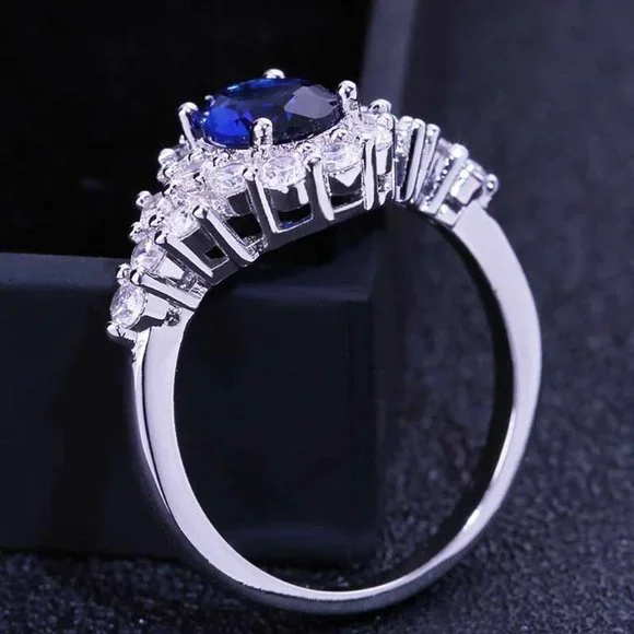 Noble Oval Flower Dainty Royal Blue 925 Silver Ring for Women, VIP500 - Picture 3 of 8